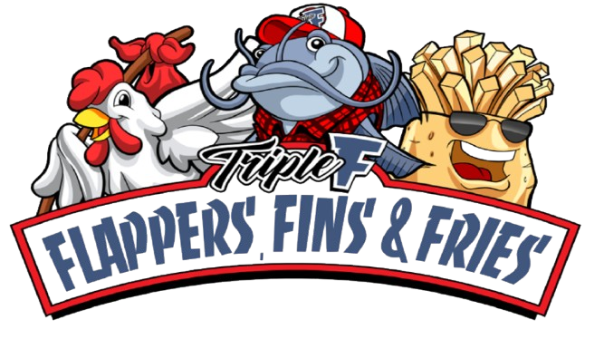 Flappers' Fins & Fries mascot logo - chicken, fish, and fries characters